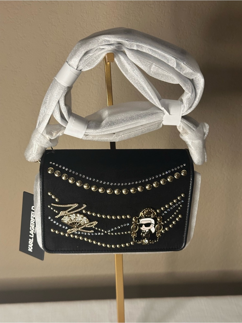 Karl Lagerfeld Lourdes Black Suede Crossbody Bag with Gold Studs and Logo Charm